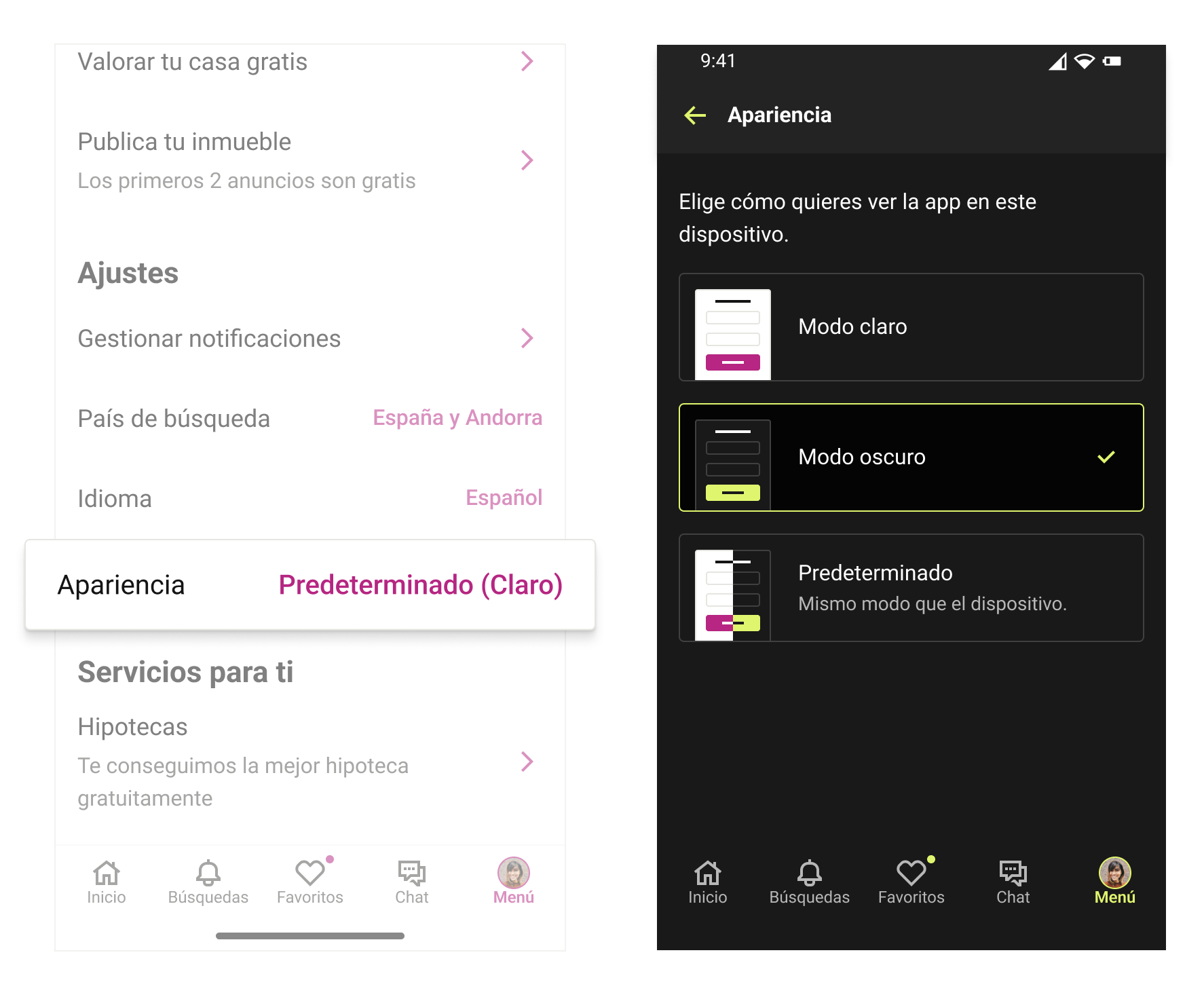 El modo oscuro se puede activar desde los ajustes del menú.