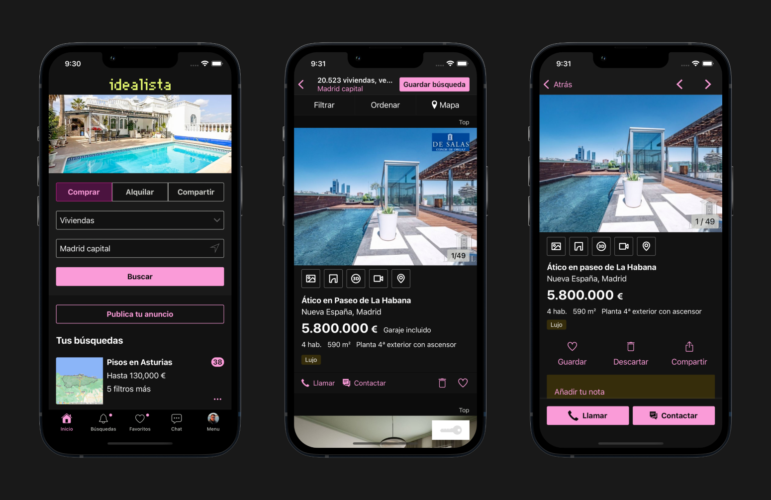 Tres capturas de la app de idealista en modo oscuro donde el color de acento es magenta.