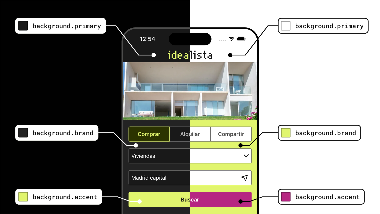 Design tokens aplicados a la interfaz de idealista en sus modos claro y oscuro