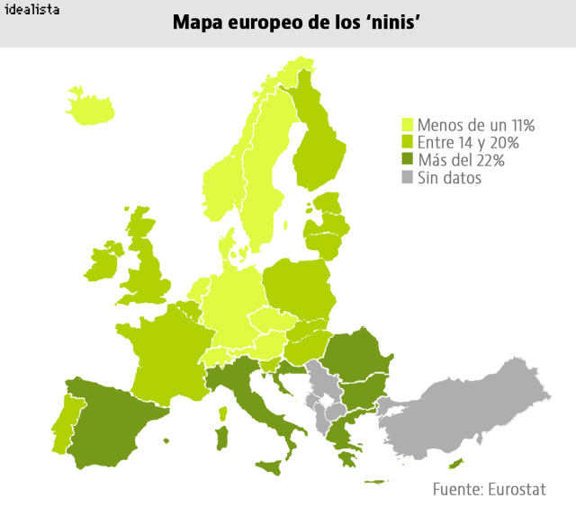 El mapa de los ‘ninis’ en Europa: la tasa de España supera en más de dos veces a la de Alemania