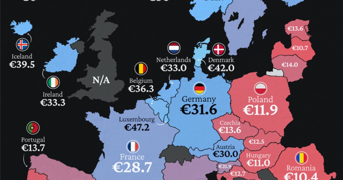 Los salarios medios (por hora) en toda Europa en 2023